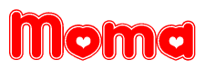 The image is a red and white graphic with the word Moma written in a decorative script. Each letter in  is contained within its own outlined bubble-like shape. Inside each letter, there is a white heart symbol.
