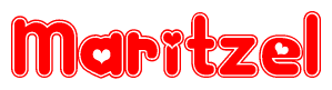 The image is a red and white graphic with the word Maritzel written in a decorative script. Each letter in  is contained within its own outlined bubble-like shape. Inside each letter, there is a white heart symbol.