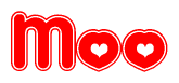 The image is a clipart featuring the word Moo written in a stylized font with a heart shape replacing inserted into the center of each letter. The color scheme of the text and hearts is red with a light outline.