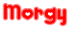 The image is a clipart featuring the word Morgy written in a stylized font with a heart shape replacing inserted into the center of each letter. The color scheme of the text and hearts is red with a light outline.
