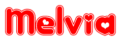 The image is a clipart featuring the word Melvia written in a stylized font with a heart shape replacing inserted into the center of each letter. The color scheme of the text and hearts is red with a light outline.