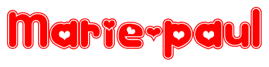The image is a red and white graphic with the word Marie-paul written in a decorative script. Each letter in  is contained within its own outlined bubble-like shape. Inside each letter, there is a white heart symbol.