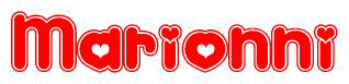 The image is a clipart featuring the word Marionni written in a stylized font with a heart shape replacing inserted into the center of each letter. The color scheme of the text and hearts is red with a light outline.