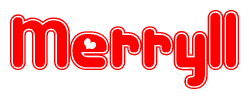 The image is a red and white graphic with the word Merryll written in a decorative script. Each letter in  is contained within its own outlined bubble-like shape. Inside each letter, there is a white heart symbol.