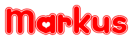 The image is a clipart featuring the word Markus written in a stylized font with a heart shape replacing inserted into the center of each letter. The color scheme of the text and hearts is red with a light outline.