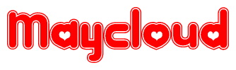 The image is a red and white graphic with the word Maycloud written in a decorative script. Each letter in  is contained within its own outlined bubble-like shape. Inside each letter, there is a white heart symbol.