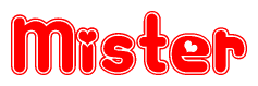 The image is a clipart featuring the word Mister written in a stylized font with a heart shape replacing inserted into the center of each letter. The color scheme of the text and hearts is red with a light outline.