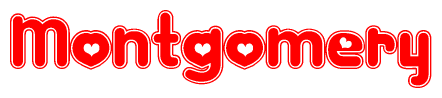 The image is a clipart featuring the word Montgomery written in a stylized font with a heart shape replacing inserted into the center of each letter. The color scheme of the text and hearts is red with a light outline.