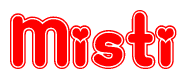 The image is a clipart featuring the word Misti written in a stylized font with a heart shape replacing inserted into the center of each letter. The color scheme of the text and hearts is red with a light outline.