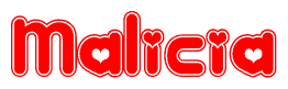 The image is a red and white graphic with the word Malicia written in a decorative script. Each letter in  is contained within its own outlined bubble-like shape. Inside each letter, there is a white heart symbol.