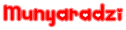 The image is a red and white graphic with the word Munyaradzi written in a decorative script. Each letter in  is contained within its own outlined bubble-like shape. Inside each letter, there is a white heart symbol.
