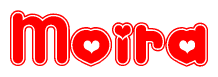 The image is a clipart featuring the word Moira written in a stylized font with a heart shape replacing inserted into the center of each letter. The color scheme of the text and hearts is red with a light outline.