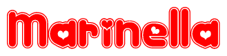 The image is a red and white graphic with the word Marinella written in a decorative script. Each letter in  is contained within its own outlined bubble-like shape. Inside each letter, there is a white heart symbol.
