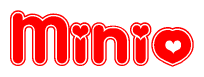 The image is a red and white graphic with the word Minio written in a decorative script. Each letter in  is contained within its own outlined bubble-like shape. Inside each letter, there is a white heart symbol.