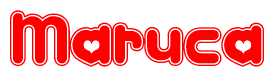 The image is a red and white graphic with the word Maruca written in a decorative script. Each letter in  is contained within its own outlined bubble-like shape. Inside each letter, there is a white heart symbol.