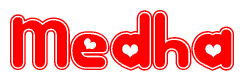 The image is a clipart featuring the word Medha written in a stylized font with a heart shape replacing inserted into the center of each letter. The color scheme of the text and hearts is red with a light outline.