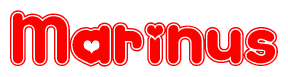 The image is a red and white graphic with the word Marinus written in a decorative script. Each letter in  is contained within its own outlined bubble-like shape. Inside each letter, there is a white heart symbol.