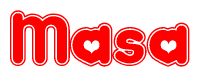 The image is a red and white graphic with the word Masa written in a decorative script. Each letter in  is contained within its own outlined bubble-like shape. Inside each letter, there is a white heart symbol.