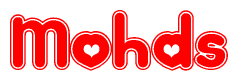 The image is a red and white graphic with the word Mohds written in a decorative script. Each letter in  is contained within its own outlined bubble-like shape. Inside each letter, there is a white heart symbol.