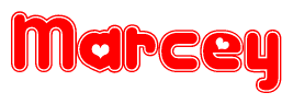   The image is a clipart featuring the word Marcey written in a stylized font with a heart shape replacing inserted into the center of each letter. The color scheme of the text and hearts is red with a light outline. 