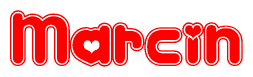 The image displays the word Marcin written in a stylized red font with hearts inside the letters.