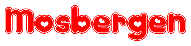 The image is a clipart featuring the word Mosbergen written in a stylized font with a heart shape replacing inserted into the center of each letter. The color scheme of the text and hearts is red with a light outline.