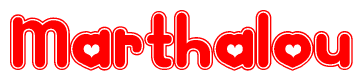 The image is a clipart featuring the word Marthalou written in a stylized font with a heart shape replacing inserted into the center of each letter. The color scheme of the text and hearts is red with a light outline.