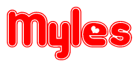 The image is a red and white graphic with the word Myles written in a decorative script. Each letter in  is contained within its own outlined bubble-like shape. Inside each letter, there is a white heart symbol.