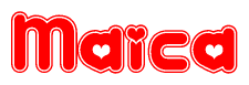 The image is a red and white graphic with the word Maica written in a decorative script. Each letter in  is contained within its own outlined bubble-like shape. Inside each letter, there is a white heart symbol.