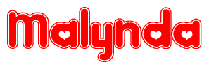 The image is a clipart featuring the word Malynda written in a stylized font with a heart shape replacing inserted into the center of each letter. The color scheme of the text and hearts is red with a light outline.