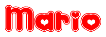 The image is a red and white graphic with the word Mario written in a decorative script. Each letter in  is contained within its own outlined bubble-like shape. Inside each letter, there is a white heart symbol.