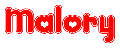 The image is a clipart featuring the word Malory written in a stylized font with a heart shape replacing inserted into the center of each letter. The color scheme of the text and hearts is red with a light outline.
