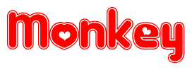 The image is a red and white graphic with the word Monkey written in a decorative script. Each letter in  is contained within its own outlined bubble-like shape. Inside each letter, there is a white heart symbol.