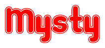 The image is a clipart featuring the word Mysty written in a stylized font with a heart shape replacing inserted into the center of each letter. The color scheme of the text and hearts is red with a light outline.