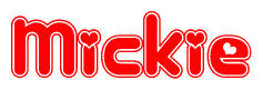 The image is a clipart featuring the word Mickie written in a stylized font with a heart shape replacing inserted into the center of each letter. The color scheme of the text and hearts is red with a light outline.