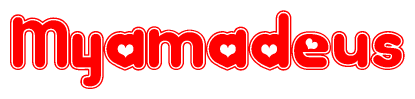 The image is a clipart featuring the word Myamadeus written in a stylized font with a heart shape replacing inserted into the center of each letter. The color scheme of the text and hearts is red with a light outline.