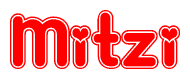 The image is a clipart featuring the word Mitzi written in a stylized font with a heart shape replacing inserted into the center of each letter. The color scheme of the text and hearts is red with a light outline.