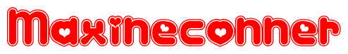 The image is a red and white graphic with the word Maxineconner written in a decorative script. Each letter in  is contained within its own outlined bubble-like shape. Inside each letter, there is a white heart symbol.