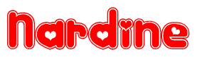 The image is a red and white graphic with the word Nardine written in a decorative script. Each letter in  is contained within its own outlined bubble-like shape. Inside each letter, there is a white heart symbol.