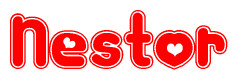 The image is a clipart featuring the word Nestor written in a stylized font with a heart shape replacing inserted into the center of each letter. The color scheme of the text and hearts is red with a light outline.