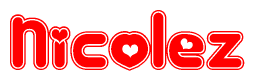 The image is a red and white graphic with the word Nicolez written in a decorative script. Each letter in  is contained within its own outlined bubble-like shape. Inside each letter, there is a white heart symbol.