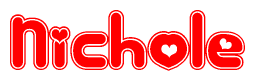 The image is a clipart featuring the word Nichole written in a stylized font with a heart shape replacing inserted into the center of each letter. The color scheme of the text and hearts is red with a light outline.