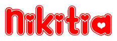 The image is a clipart featuring the word Nikitia written in a stylized font with a heart shape replacing inserted into the center of each letter. The color scheme of the text and hearts is red with a light outline.