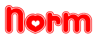 The image displays the word Norm written in a stylized red font with hearts inside the letters.