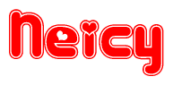 The image is a red and white graphic with the word Neicy written in a decorative script. Each letter in  is contained within its own outlined bubble-like shape. Inside each letter, there is a white heart symbol.