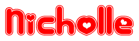 The image is a clipart featuring the word Nicholle written in a stylized font with a heart shape replacing inserted into the center of each letter. The color scheme of the text and hearts is red with a light outline.