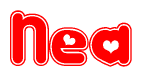 The image is a red and white graphic with the word Nea written in a decorative script. Each letter in  is contained within its own outlined bubble-like shape. Inside each letter, there is a white heart symbol.