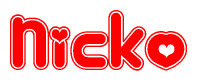 The image is a red and white graphic with the word Nicko written in a decorative script. Each letter in  is contained within its own outlined bubble-like shape. Inside each letter, there is a white heart symbol.