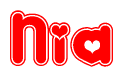 The image is a clipart featuring the word Nia written in a stylized font with a heart shape replacing inserted into the center of each letter. The color scheme of the text and hearts is red with a light outline.