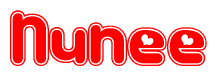 The image displays the word Nunee written in a stylized red font with hearts inside the letters.